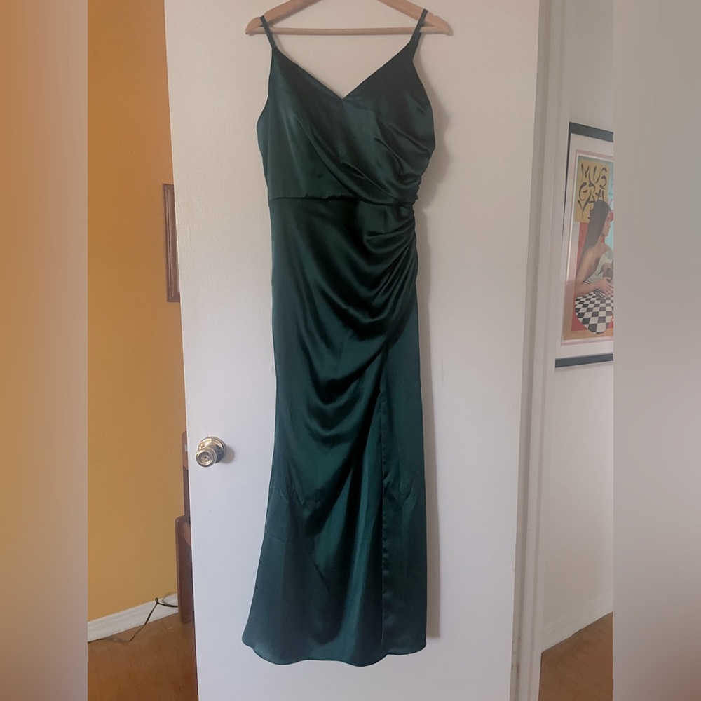 Revelry Rory satin dress in classic emerald